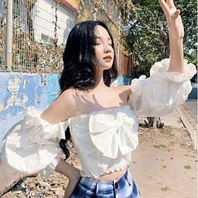 Áo croptop trắng tay phồng nơ ngực siêu xinh ivy.fashion đi biển dự tiệc dạo phố bigsize gợi cảm sexy