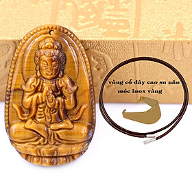 Mặt Phật Đại nhật như lai đá mắt hổ 3.6 cm kèm móc và vòng cổ dây cao su nâu, Mặt Phật bản mệnh