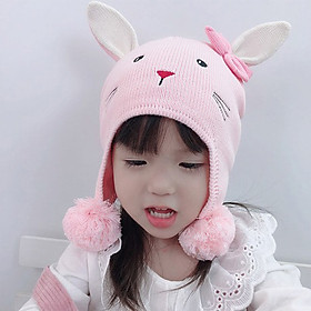 Nón len dệt kim mặt mèo Kitty ôm tai 2 chùm bông to cho bé