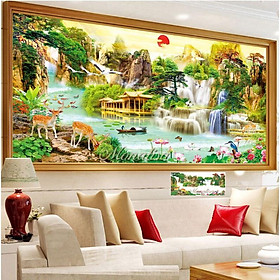 Tranh đính đá phong cảnh Lưu Thủy Sinh Tài KT:120X60cm-160x75cm-2mx95cm