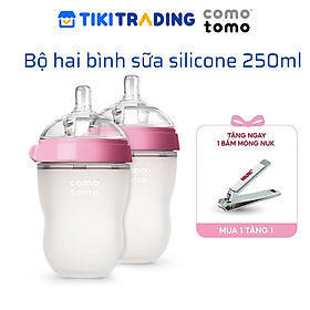 Bộ hai bình sữa silicone Comotomo 250ml - Hồng Tặng Bấm móng sơ sinh NUK