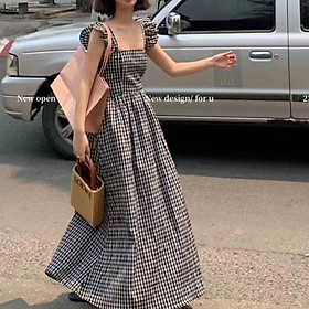 DIYIWEI 2023 Mùa hè Pháp Vintage kiểm tra Flying Sleeve Sling Dress Pleated thắt lưng hiển thị gầy Square Neck Dress cho phụ nữ