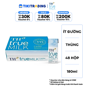 Thùng 48 hộp sữa tươi tiệt trùng TH True Milk  ít đường 180ml