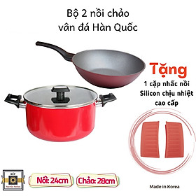 Tặng cặp nhất nồi silicon- Combo 2 món , nồi chống dính vân đá Kimscook size 24 cm và Chảo đúc chống dính Ecoramic Megastone sâu lòng tím 28 cm, dùng được tất cả các loại bếp( trừ bếp từ)