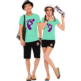 Bộ Áo Thun Đôi Nam Nữ Dấu Chân Tình Yêu Màu Xanh Ngọc