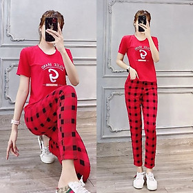 Đồ bộ dạo phố mặc nhà nữ áo thêu chữ quần sọc caro thun cotton mát mịn trẻ trung năng động size từ 40-64kg