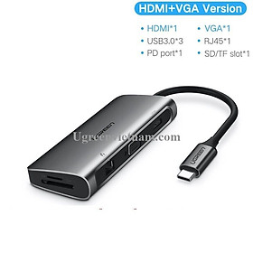 Ugreen 40873 Bộ chuyển đổi TYPE C sang 3 USB 3.0 + HDMI + VGA + LAN + SD TF + hỗ trợ nguồn TYPE C CM179 - Hàng Chính Hãng