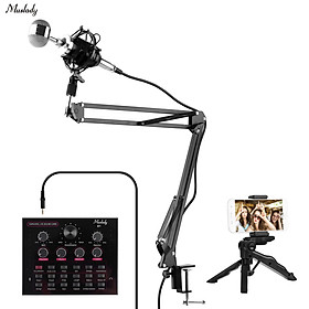 Muslady V12 Live Sound Card + Professional Condenser Microphone Kit with Windscreen XLR Audio Cable Boom Arm Shock Mount