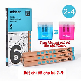 Bộ bút Chì 2B 4B 6B hộp 6 bút chì tặng kèm Gọt bút, Mideer Thick Triangular Pencils, Đồ dùng dụng cụ học tập cho bé