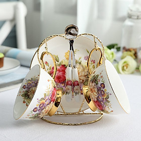 Bộ cốc đôi bằng sứ xương cao cấp kèm giá treo với họa tiết hoa lá mang phong cách hoàng gia sang trọng - Mẫu 3