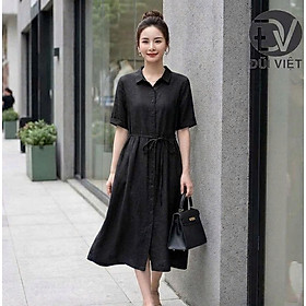 Đầm sơ mi nữ chất liệu đũi mềm premium thiết kế cúc chạy dọc phía trước phối dây đai eo mặc được nhiều kiểu da02