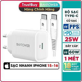 Mua Combo Củ Sạc Nhanh Type-C PPS 25W RAVPower RP-PC156-W và Cáp Type-C To C 60W Dài 1M RP-CB047-W Dành Cho Điện Thoại Android  Cho Samsung  Cho Vivo  Cho Oppo  Cho Xiaomi Và Máy Tính Bảng - Hàng Chính Hãng
