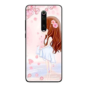 Ốp Lưng in cho Xiaomi Mi 9T Mẫu Cô Gái Váy Trắng Nền Hoa Đào - Hàng Chính Hãng