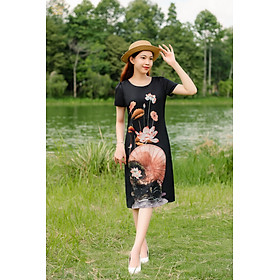 Đầm suông thiết kế trung niên cao cấp sang trọng Cổ tròn tay ngắn màu Đen họa tiết TTV STORE TTV1399