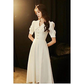 Đầm xoè công sở cổ V phối nút tay ngắn phồng - size M/L/XL đi biển dự tiệc dạo phố bigsize gợi cảm sexy