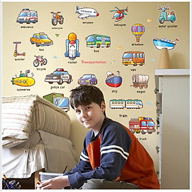Decal dán tường từ vựng tiếng anh về các phương tiện giao thông cho bé