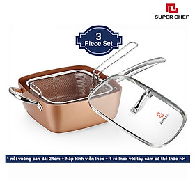 Bộ Nồi Chống Dính Ceramic Vuông Và Rổ Chiên Inox 304 5 Trong 1 Đa Năng Siêu Tiện Lợi, Dùng Mọi Loại Bếp, Thách Thức Mọi Món Ăn, Chống Dính An Toàn, Không Bong Tróc, Hạn Chế Trầy Xước SIêu Bền Bỉ