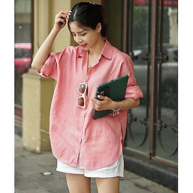 Áo sơ mi nữ form rộng trễ vai đuôi tôm vải Linen Premium trẻ trung, có 10 màu lựa chọn - hồng da - L