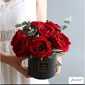 Hoa giả, lọ hoa hồng nhung mix đào đông 20cm đẹp để bàn trang trí phòng, làm hộp quà tặng người thân ý nghĩa HN-01