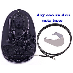 Mặt Phật Văn thù bồ tát đá thạch anh đen kèm vòng cổ dây cao su đen + móc inox trắng, mặt dây chuyền Phật bản mệnh, dây chuyền phong thủy