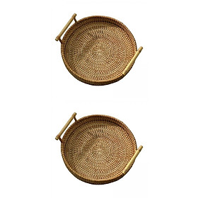 2pcs Woven Basket Wicker Serving Tray with Handles Fruit Display Home Decor