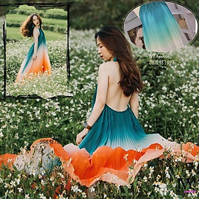Đầm váy maxi loang màu xanh voan lót lụa mút ngực dập ly cam cổ yếm hở lưng Ivy fashion đi biển dự tiệc dạo phố bigsiz