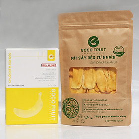 Combo Chuối Sấy Dẻo 200g và Túi Mít Sấy Dẻo 100g. GOCO FRUIT. Không Đường, Không Chất Bảo Quản, Không Hương Vị Màu Nhân Tạo. 100% Tự Nhiên Sấy Mộc. Món Ăn Vặt An Toàn Sức Khỏe.