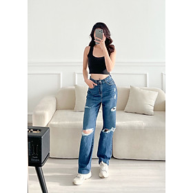 Quần jeans nữ suông đứng rách gối HQJeans mẫu mới nhất