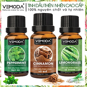 Tinh dầu xông phòng cao cấp gồm 3 chai tinh dầu nguyên chất: tinh dầu Sả chanh (10ml) + tinh dầu Vỏ quế (10ml) + tinh dầu Bạc hà (10ml) Vemoda