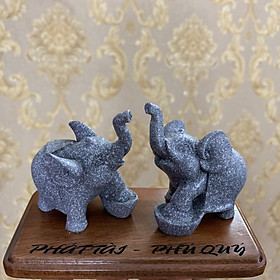 [Voi phong thủy] Set 2 tượng voi đá trang trí phong thủy bàn làm việc giữ tài lộc cho gia chủ - Màu đá xám - Đế gỗ