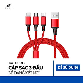Dây sạc 3 đầu 3 in 1 siêu bền, nhiều cổng sạc: USB micro, type C, lightning cho điện thoại Iphone, Samsung – Dây cáp sạc điện thoại đa năng - CAP0001