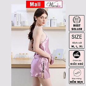 Đồ bộ mặc nhà phi lụa cao cấp WANNABE BSS33 đồ bộ quần sọt đan dây mặc với áo 2 dây cổ yếm lưng trần dây kiểu xinh xắn