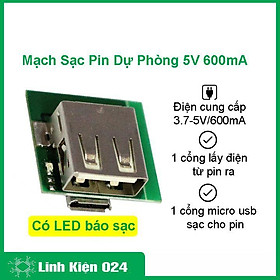 Mua Mạch Sạc Pin Dự Phòng Bản Nâng Cấp 5V-600MA Mini Có led báo sạc