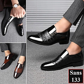 Giày tây nam đẹp Sans133 giầy da công sở cao cấp mũi tròn nâu đen bóng big size chân to bigsize cỡ lớn 43 44 45 46 47 48
