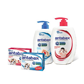 Bộ Đôi Nước Rửa Tay Bảo Vệ Da Kháng Khuẩn ANTABAX 250ml x 2 & Xà Bông Kháng Khuẩn ANTABAX 85g x 2 - Loại bỏ 99.9% vi khuẩn - TẶNG kèm 10 gói sữa tắm bỏ túi tiện lợi