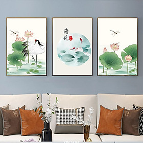 Tranh Hoa Sen Decor Không Gian Phòng Khách - Tran Canvas Bộ 3 Chất Liệu In Vải Canvas