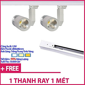 Bộ 2 Đèn Led Rọi Ray COB 12w Vỏ Trắng Và 1 Thanh Ray 1M