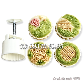 Khuôn trung thu lò xo 4 mặt hình tròn hoa sen, ngôi nhà – Mã số Q 1907