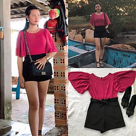 Jumpsuit short phối màu tay cánh dơi cột nơ eo hàng Thiết Kế