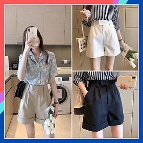 Quần short nữ lưng cao chất kaki mặc nhà quần đùi nữ cạp cao ống rộng cạp dán tiện lợi không kén tuổi dễ phối đồ