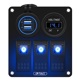 3 Gang Switch Panel with LED Digital Voltmeter USB Charger for RV Car Blue