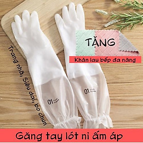 Găng Tay Rửa Chén Bát Lót Nỉ Siêu Ấm, Chất Dai Dài Tay - Cổ cao - Có chun chống tụt, bảo vệ đôi tay khỏi hóa chất.