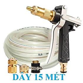 Bộ dây vòi xịt nước rửa xe, tưới cây . tăng áp 3 lần, loại 15m 206236 đầu đồng,cút đồng+ tặng đai