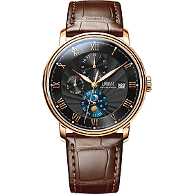 Đồng hồ nam chính hãng LOBINNI Ref.1023-2 (Phiên bản đặc biệt Limited) Kính sapphire nguyên khối ,chống xước,chống nước 50m,mặt đen vỏ vàng hồng dây da nâu( đen) xịn, thép không gỉ 316L,Đồng hồ cơ (Automatic) ,BH 24 tháng,thiết kế sun and moon sang trọng