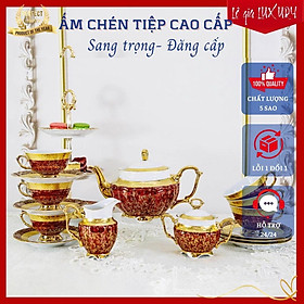 Bộ ấm chén trà TÂN CỔ ĐIỂN Châu Âu cao cấp họa tiết tinh tế sang trọng, Gốm Sứ Tiệp Khắc, Hàng nhập khẩu. Ấm chén mạ vàng châu Âu