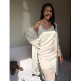 [Hantu Sleepwear] Set áo choàng kèm váy ngủ lụa mặc nhà sang trọng sexy-Màu trắng kèm kèm đai áo