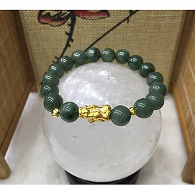 Vòng Tay Phong Thủy Ngọc Cẩm Thạch  Jade 10 Ly Mix Charm Tỳ Hưu Bạc Mạ Vàng 24K