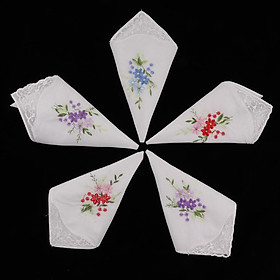 5pcs Ladies Cotton Handkerchief Floral Embroidered with Lace Butterfly – Assorted