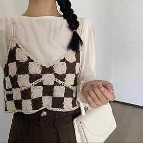 MS573 Áo hai dây len đan móc kẻ cảo đi biển, mix váy áo