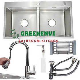 Mua Combo chậu rửa chén bát inox GREENENVI sus304 hai hố cân 8245  vòi rửa bát inox rút dây 01  bộ xả chậu  bình xà phòng  rá inox đa năng